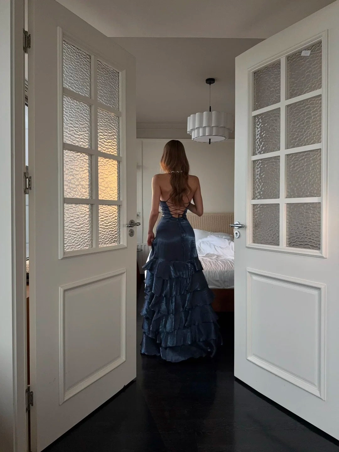Robe de bal longue sirène vaporeuse à fines bretelles spaghetti, dos corset avec fente, bleu marine, robe de soirée formelle pour un 18e anniversaire N485
