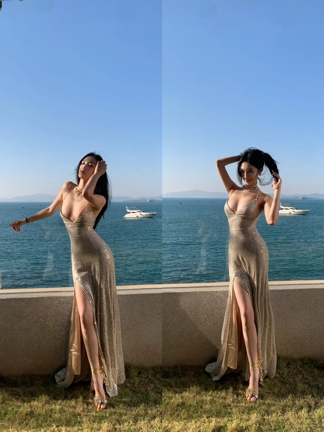 Robe de bal longue champagne à fines bretelles et corset fendu, style sirène scintillante. Inspiration pour une tenue de 18 ans ou une robe de soirée (N486).