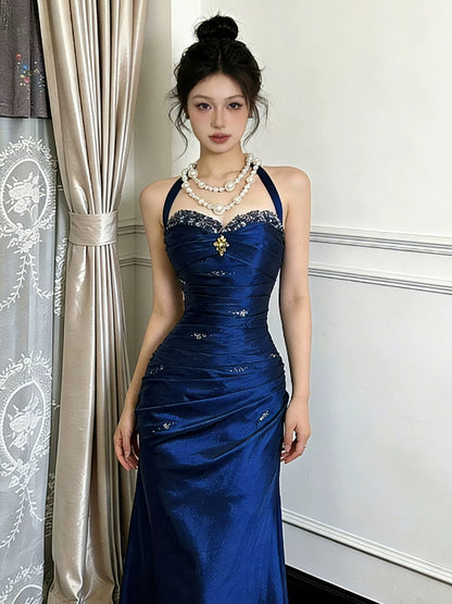 Modest Mermaid Halter Burgundy Satin Long Prom Dresses Graduation Dance Evening Outfits N529