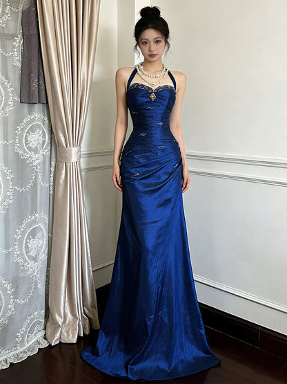 Modest Mermaid Halter Burgundy Satin Long Prom Dresses Graduation Dance Evening Outfits N529