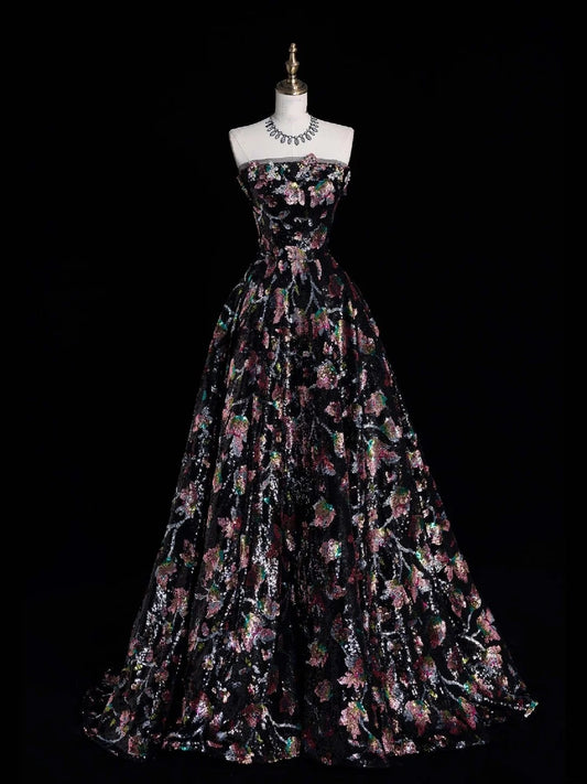 Whimsical Ball Gown Strapless Black Floral Sequin Pleated Bodice Long Prom Dresses Night Formal Dress N614
