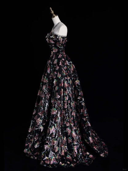 Verspieltes, trägerloses, schwarzes Ballkleid mit Blumenmuster, Pailletten und plissiertem Oberteil, langes Abendkleid N614