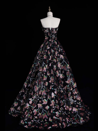 Verspieltes, trägerloses, schwarzes Ballkleid mit Blumenmuster, Pailletten und plissiertem Oberteil, langes Abendkleid N614
