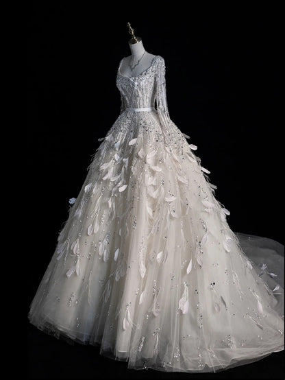 Robe de mariée civile, robe de bal, col carré, tulle blanc, manches longues, bustier orné de plumes, robe de mariée cintrée N612
