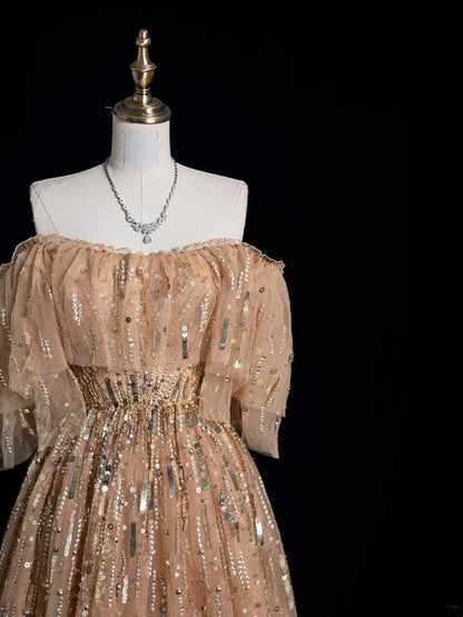 Elegantes schulterfreies Tüll-Ballkleid mit kurzen Ärmeln und perlenbesetztem Oberteil, langes Abendkleid, Halbabschlussballkleid, formelles Kleid N616