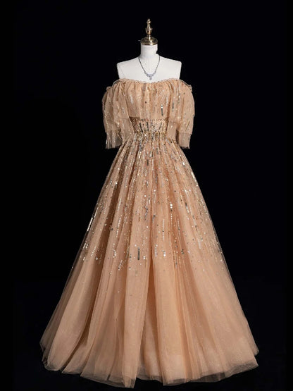 Elegantes schulterfreies Tüll-Ballkleid mit kurzen Ärmeln und perlenbesetztem Oberteil, langes Abendkleid, Halbabschlussballkleid, formelles Kleid N616