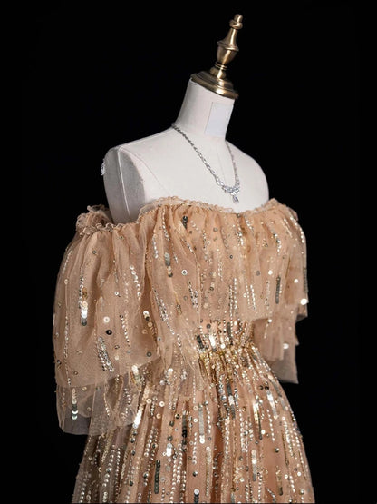 Elegantes schulterfreies Tüll-Ballkleid mit kurzen Ärmeln und perlenbesetztem Oberteil, langes Abendkleid, Halbabschlussballkleid, formelles Kleid N616