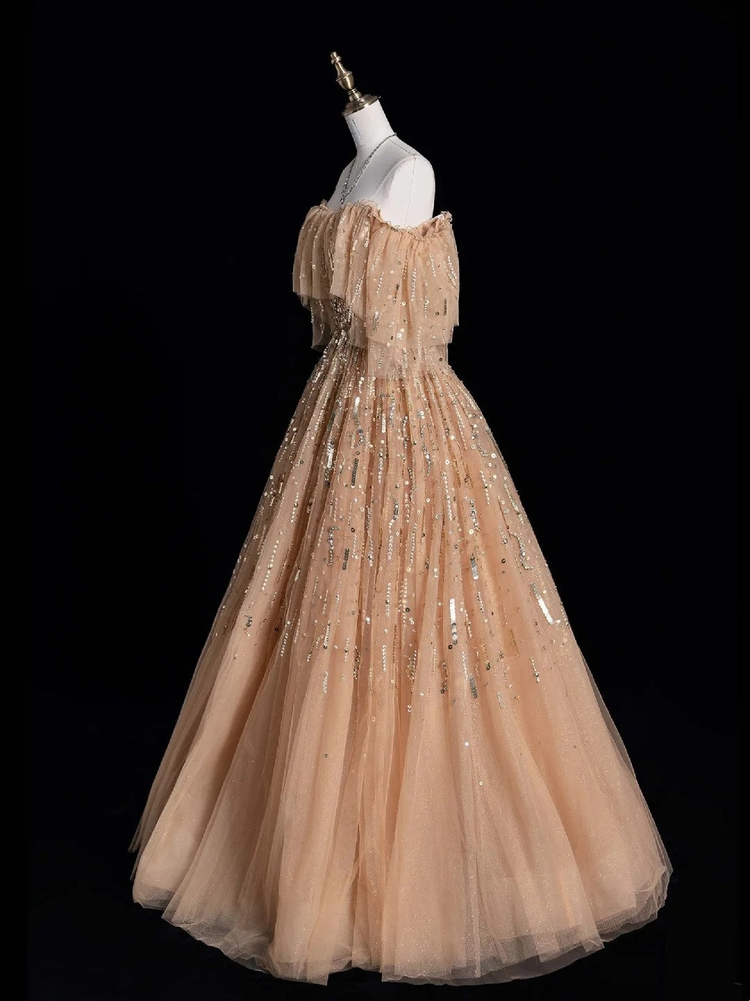 Elegantes schulterfreies Tüll-Ballkleid mit kurzen Ärmeln und perlenbesetztem Oberteil, langes Abendkleid, Halbabschlussballkleid, formelles Kleid N616