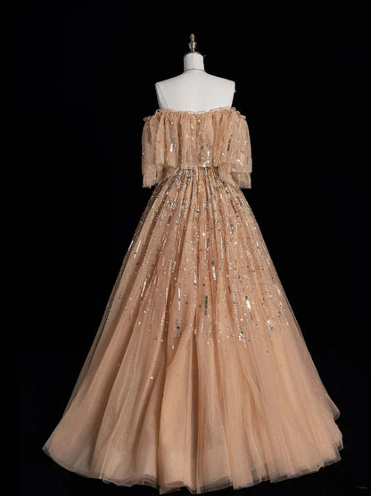 Elegantes schulterfreies Tüll-Ballkleid mit kurzen Ärmeln und perlenbesetztem Oberteil, langes Abendkleid, Halbabschlussballkleid, formelles Kleid N616