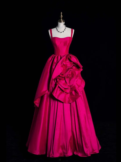 Robe de bal élégante à bretelles spaghetti en satin rose fuchsia à fleurs, longue robe de soirée semi-formelle N617