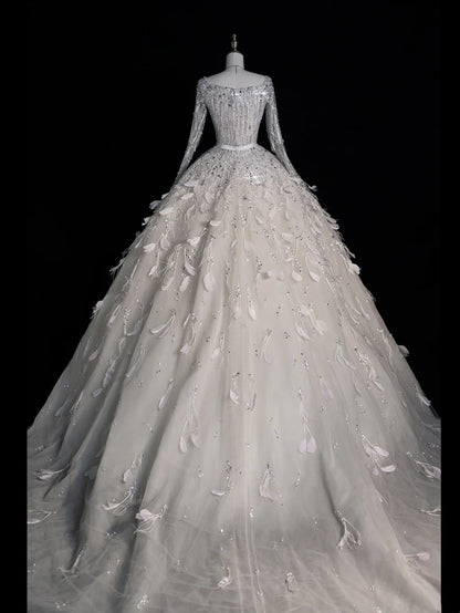 Robe de mariée civile, robe de bal, col carré, tulle blanc, manches longues, bustier orné de plumes, robe de mariée cintrée N612