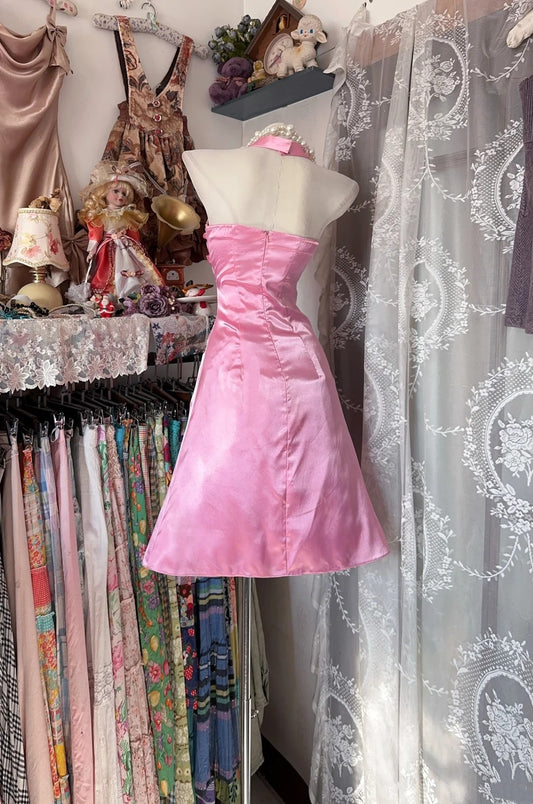 Vintage Mermaid Halter Pink Satin Hoco Gowns Short Homecoming Dresses Hoco Gown N618