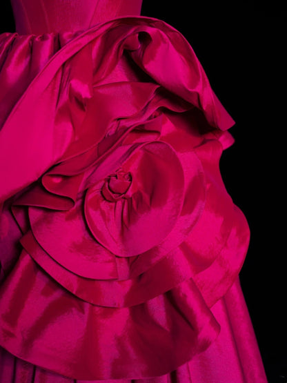 Robe de bal élégante à bretelles spaghetti en satin rose fuchsia à fleurs, longue robe de soirée semi-formelle N617