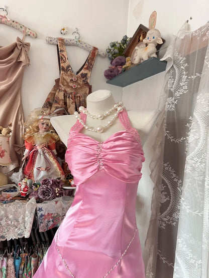 Robe de bal courte vintage sirène en satin rose, modèle N618