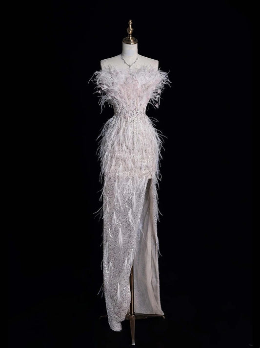 Civil Wedding Dresses Sheath Strapless White Sequin With Slit Feathers Bodice Brides Dress Fitted Bridal Gowns N613