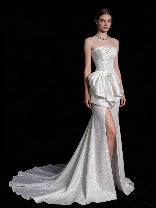 Princesses Elegant Sheath Strapless White Sequined With Satin Train Wedding Gown Short Fairytale Summer Wedding Dresses N668