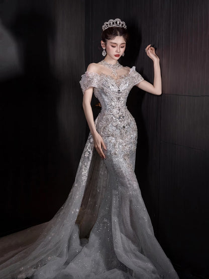 Robe de mariée sirène à épaules dénudées, ornée de sequins et de perles, style conte de fées, coupe ajustée, référence N674