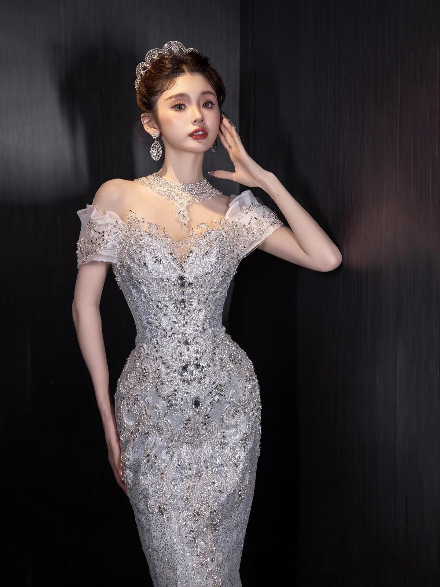 Robe de mariée sirène à épaules dénudées, ornée de sequins et de perles, style conte de fées, coupe ajustée, référence N674