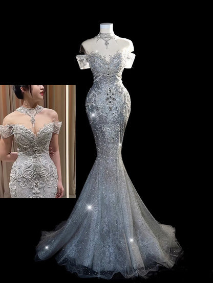 Robe de mariée sirène à épaules dénudées, ornée de sequins et de perles, style conte de fées, coupe ajustée, référence N674