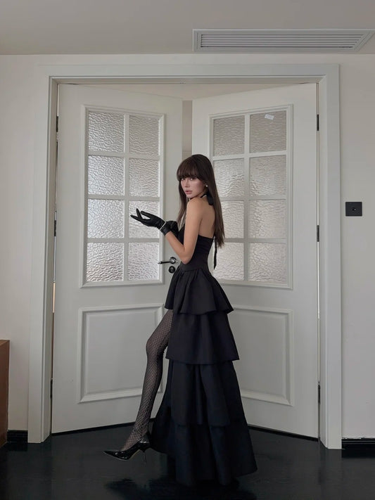Modest High Low Halter Black Tie Wedding Guest Dress Satin Ruffles Long Prom Dresses Night Semi Formal Gown N692