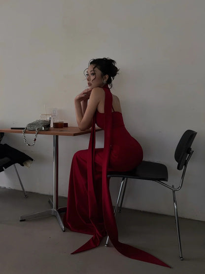 Elegantes, langes Meerjungfrauen-Abendkleid mit Spaghettiträgern, rot, mit passendem Schal, formelles Kleid N702