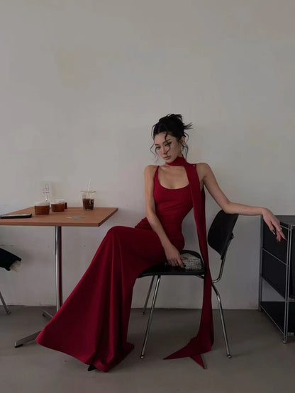 Elegantes, langes Meerjungfrauen-Abendkleid mit Spaghettiträgern, rot, mit passendem Schal, formelles Kleid N702