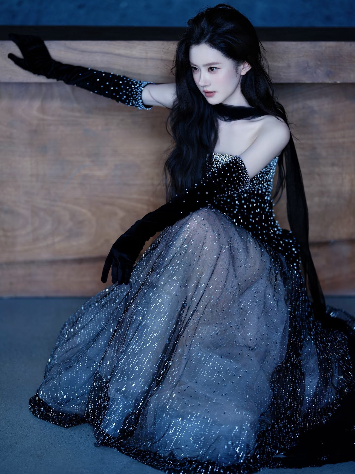 Robe de soirée longue de princesse sirène bustier à sequins noirs, robe de bal de promo N738