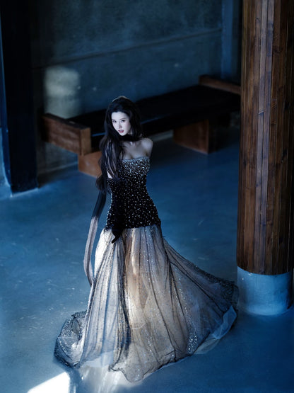 Robe de soirée longue de princesse sirène bustier à sequins noirs, robe de bal de promo N738