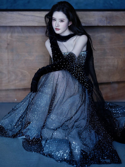 Robe de soirée longue de princesse sirène bustier à sequins noirs, robe de bal de promo N738