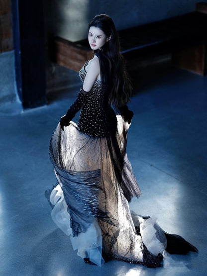Robe de soirée longue de princesse sirène bustier à sequins noirs, robe de bal de promo N738
