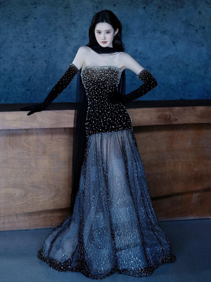 Robe de soirée longue de princesse sirène bustier à sequins noirs, robe de bal de promo N738