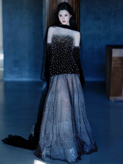 Robe de soirée longue de princesse sirène bustier à sequins noirs, robe de bal de promo N738