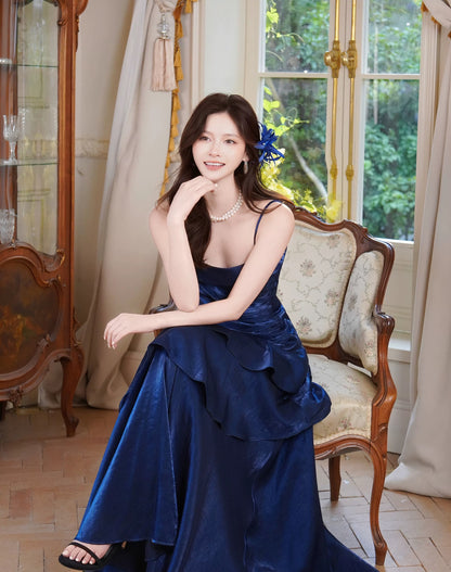 Prinzessin Meerjungfrau Spaghetti-Träger Satin Königsblau Langes Ballkleid Partykleid 18. Geburtstag Outfit Abschlusskleid N877
