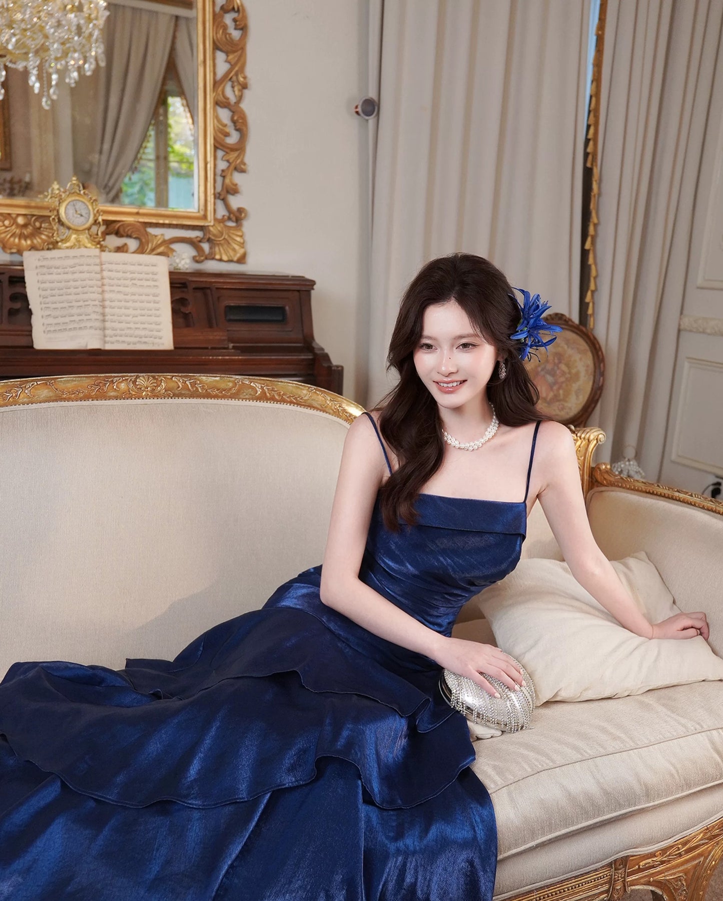 Prinzessin Meerjungfrau Spaghetti-Träger Satin Königsblau Langes Ballkleid Partykleid 18. Geburtstag Outfit Abschlusskleid N877