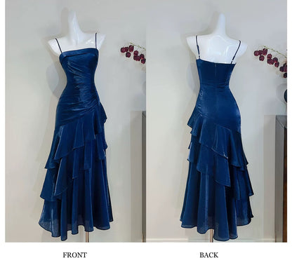 Prinzessin Meerjungfrau Spaghetti-Träger Satin Königsblau Langes Ballkleid Partykleid 18. Geburtstag Outfit Abschlusskleid N877