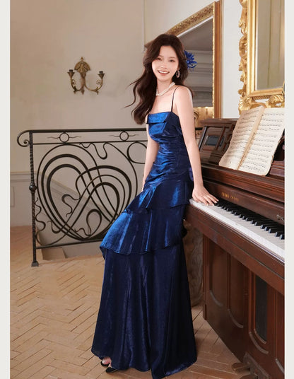 Prinzessin Meerjungfrau Spaghetti-Träger Satin Königsblau Langes Ballkleid Partykleid 18. Geburtstag Outfit Abschlusskleid N877