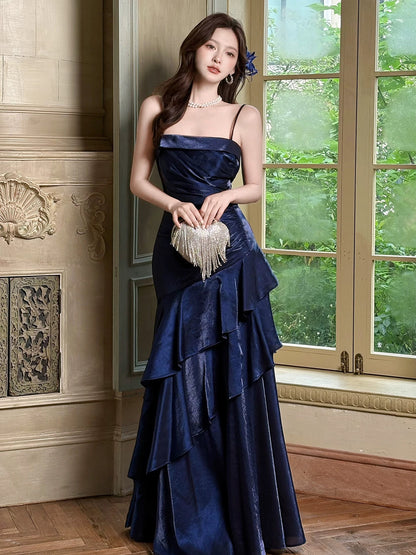 Prinzessin Meerjungfrau Spaghetti-Träger Satin Königsblau Langes Ballkleid Partykleid 18. Geburtstag Outfit Abschlusskleid N877