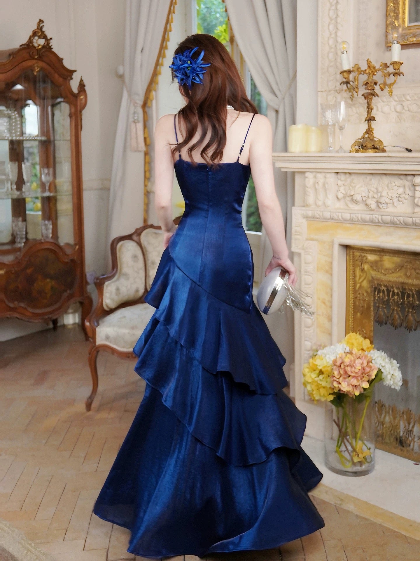 Prinzessin Meerjungfrau Spaghetti-Träger Satin Königsblau Langes Ballkleid Partykleid 18. Geburtstag Outfit Abschlusskleid N877