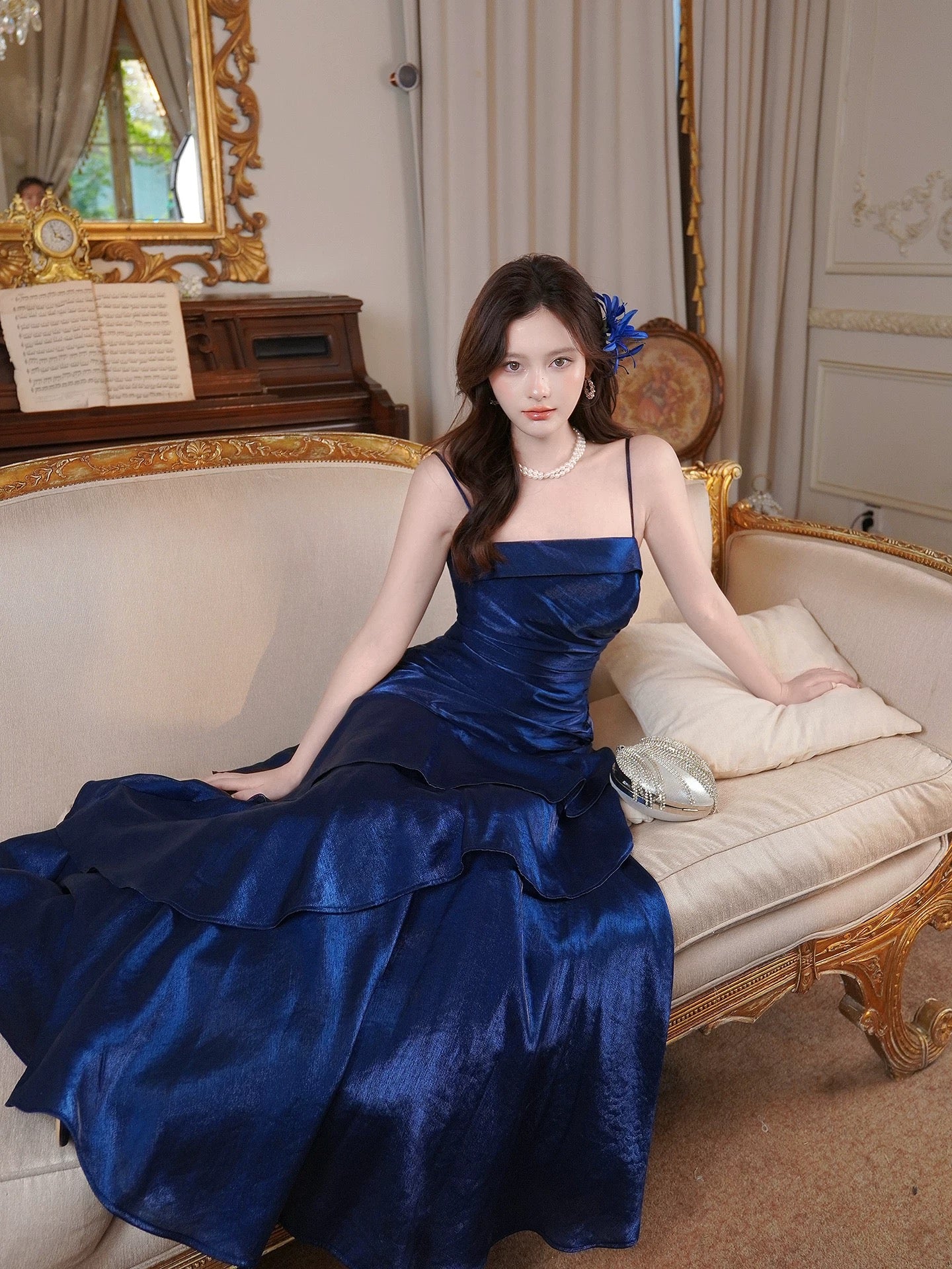 Prinzessin Meerjungfrau Spaghetti-Träger Satin Königsblau Langes Ballkleid Partykleid 18. Geburtstag Outfit Abschlusskleid N877