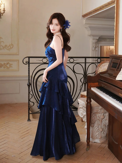 Prinzessin Meerjungfrau Spaghetti-Träger Satin Königsblau Langes Ballkleid Partykleid 18. Geburtstag Outfit Abschlusskleid N877