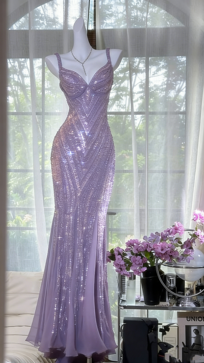 Vintage V Neck Dark Purple Chiffon Sequin Mermaid Long Party Gown Evening Dress 20th Birthday Outfits N875