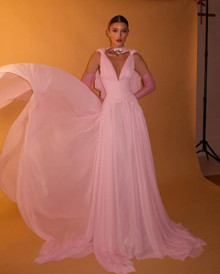Beautiful A line V Neck Pink Chiffon Party Dresses Prom Dresses Impress Wedding Guest Dress N890