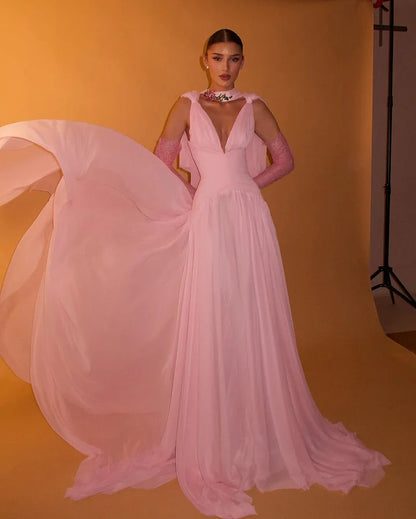 Beautiful A line V Neck Pink Chiffon Party Dresses Prom Dresses Impress Wedding Guest Dress N890