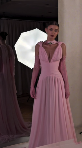 Beautiful A line V Neck Pink Chiffon Party Dresses Prom Dresses Impress Wedding Guest Dress N890