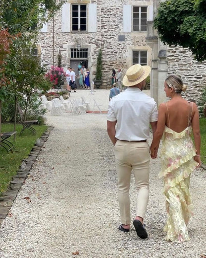 Robe de bal longue sirène à fines bretelles en dentelle jaune et mousseline, idéale pour un 21e anniversaire ou une remise de diplôme (NN901)