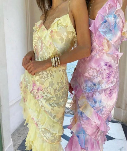 Robe de bal longue sirène à fines bretelles en dentelle jaune et mousseline, idéale pour un 21e anniversaire ou une remise de diplôme (NN901)