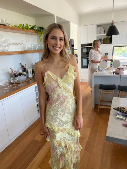 Robe de bal longue sirène à fines bretelles en dentelle jaune et mousseline, idéale pour un 21e anniversaire ou une remise de diplôme (NN901)