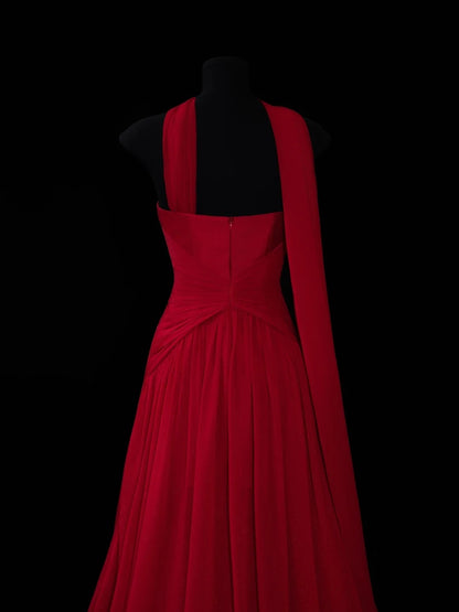 Chic A line Strapless Red Chiffon With Scarf Long Party Dresses Prom Dresses Impress Wedding Guest Dress N912