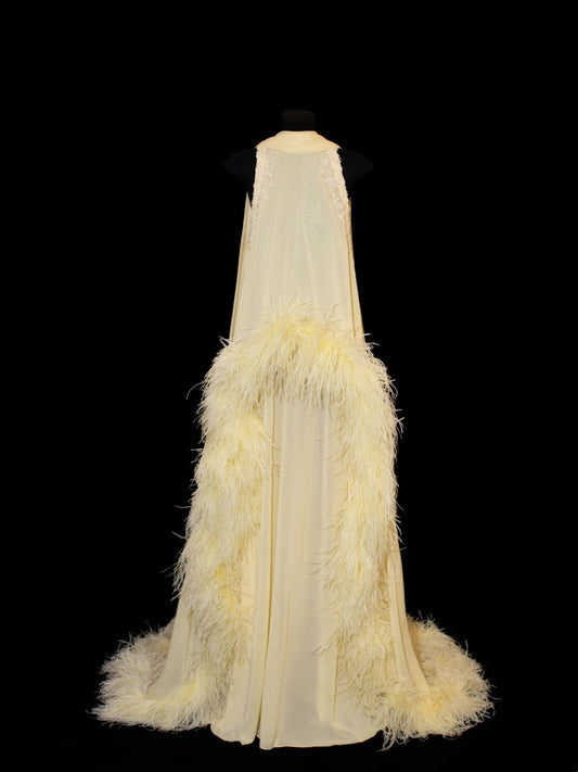 Chic A line Scoop Neck Yellow Chiffon With Feathers Long Party Dresses Prom Dresses Impress Wedding Guest Dress N913