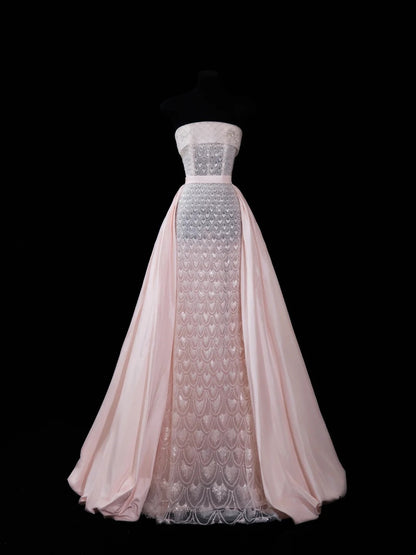Robe de soirée longue rose sirène chic sans bretelles avec traîne et sequins, robe de bal élégante, robe d'invitée de mariage impressionnante N914